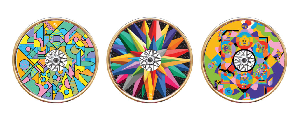 Multicolored, bright patterns emanate from the center of three circles, displaying a sample of wheelchair wheel covers designed by Izzy Wheels.