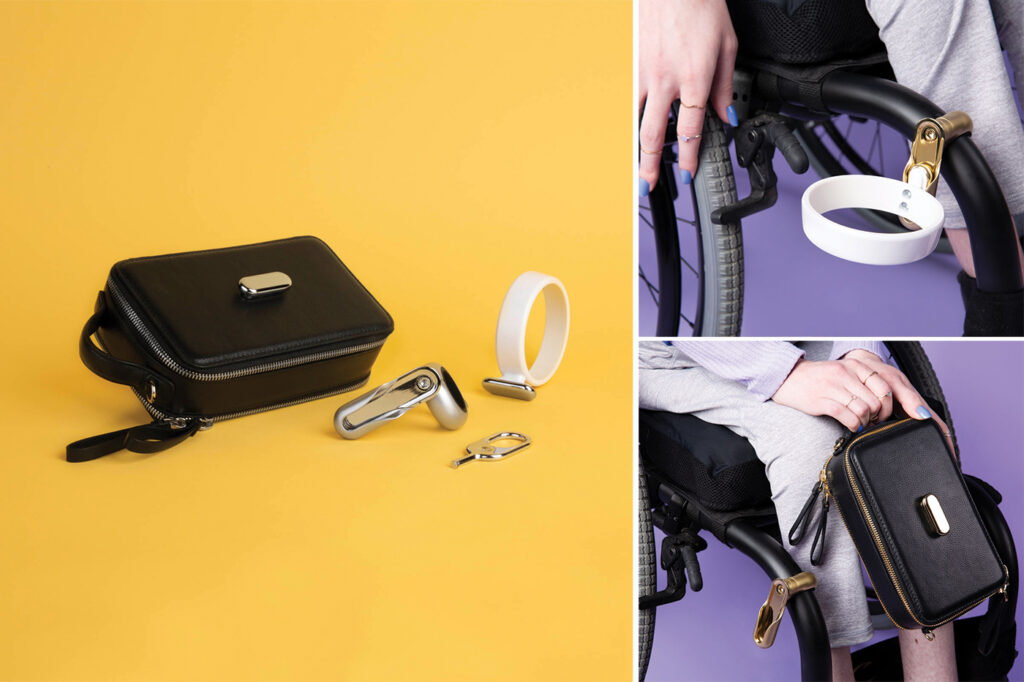 Three photos display elements of the The Classic FFORA Set “Essentials Bag” (which stores items like keys, a phone, and eyewear), as well as a cup holder, and a weather-proof, impact-resistant attachment with a 360-degree rotation.
