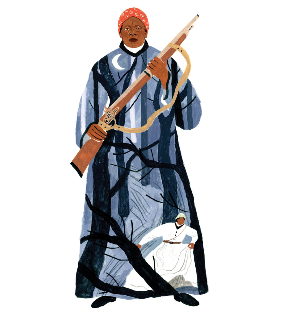 An illustration of Harriet Tubman, holding a rifle and wearing a red patterned headscarf and a long robe, on which a Black person dressed in white can be seen running through the forest at night. 