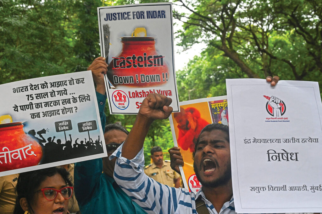 Students take part in a protest in Mumbai on August 25, 2022, after the death of a 9-year-old Dalit student, Indra Meghwal. The boy was allegedly beaten by his school teacher at Jalore, in India’s Rajasthan state, for touching a drinking-water pot that Dalits are forbidden to touch. He later died of his injuries.