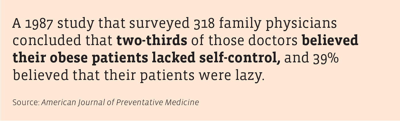 A graphic text box reading: A 1987 study that surveyed 318 family physicians concluded that two-thirds of those doctors believed their obese patients lacked self-control, and 39% believed their patients were lazy. Source: American Journal of Preventative Medicine. 