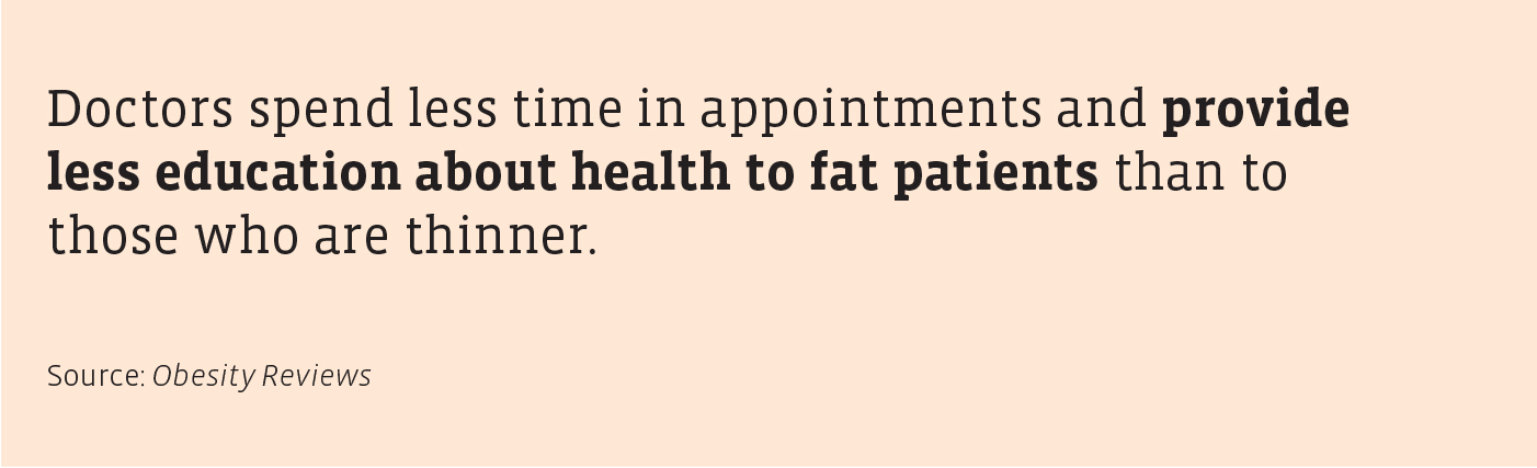 A graphic text box reading: Doctors spend less time in appointments and provide less education about health to fat patients than to those who are thinner. Source: Obesity Reviews. 
