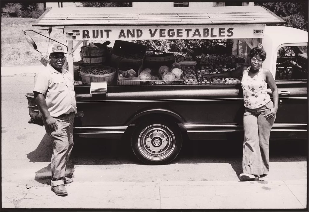 An African American man and woman, whose names aren’t documented by the Library of Congress, are photographed in front of their produce truck in Nashville, Tennessee (1975)