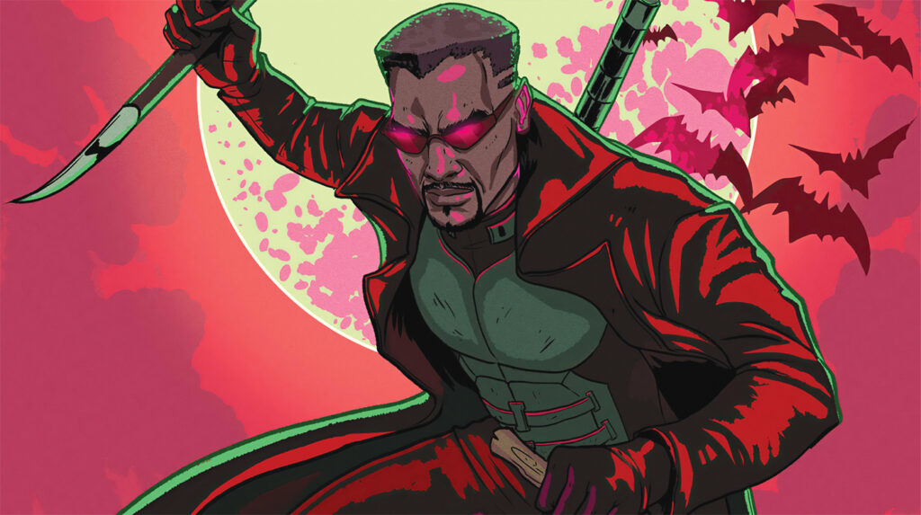An illustration of Blade, the Marvel Comics character. Blade holds a knife aloft, while wearing his signature black trenchcoat, body armor, and dark sunglasses. 