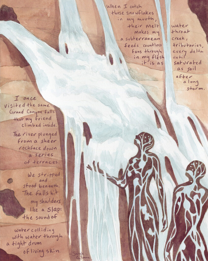 Illustrated waterfalls cascade over red-brown earth, falling onto two human figures outlined in rich brown tones, with water carving botanic patterns through them. Handwritten text reads: When I catch those snowflakes in my mouth, their meltwater makes my throat a subterranean creek, feeds countless tributaries, fans through every delta in my flesh until it is as saturated as soil after a lasting storm.
I once visited the same Grand Canyon falls that my friend climbed inside. The river plunged from a sheer rock face down a series of terraces. Ferns and flowers and moss and trees crowded its banks. We stripped and stood beneath. The falls hit my shoulders like a slap: the sound of water colliding with water, through a tight drum of living skin.