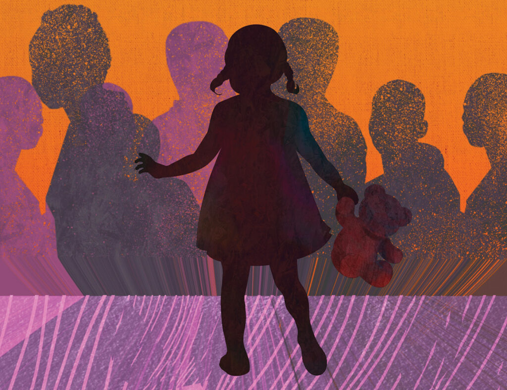 This illustration depicts a young child in the foreground, wearing a dress and holding a teddy bear in one hand, while textured outlines of adults are visible in the distance. 