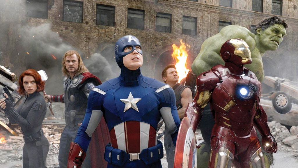 A still from "Avengers: Endgame" depicts, from left to right, Scarlett Johansson as Black Widow, Chris Hemsworth as Thor, Chris Evans as Captain America, Jeremy Renner as Hawkeye, Robert Downey Junior as Ironman, and Mark Ruffalo as the Hulk. 
