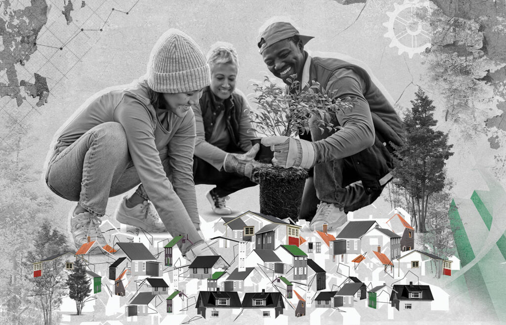 This photo illustration shows three people planting a sapling or bush into the ground, which is covered by digitized illustrations of houses. 