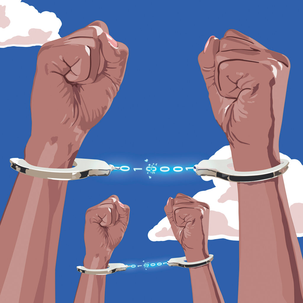 An illustration depicts two sets of hands, handcuffed, while the chains between the handcuffs are binary code of 0s and 1s, with a broken 0 in the middle. 