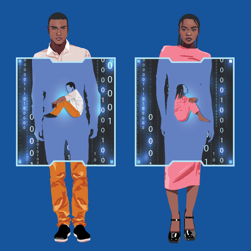 An illustration depicts two people standing side by side—a man and a woman, with black rectangles over their midsection that depict binary code and smaller figures of each person, seated and with their faces blurred out by white and blue lines. 