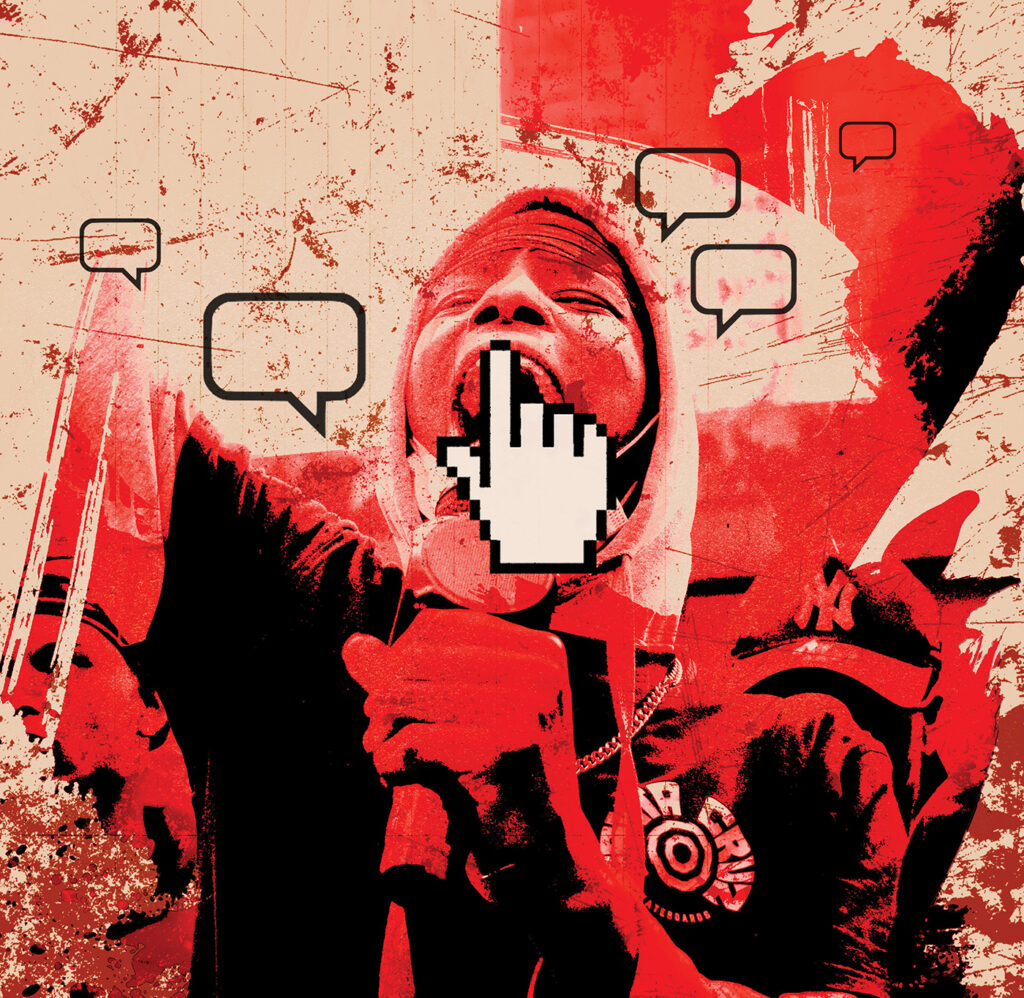 A photo-illustration depicts a person wearing a hoodie and shouting into a microphone, with an electronic hand with a raised finger over the person's mouth. 