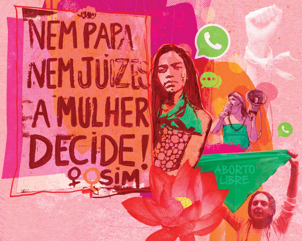 A collage/illustration by Marian F. Moratinos featuring a young woman holding up a sign that reads, in Portugese: Nem Papa, nem juizes, a mulher, decide