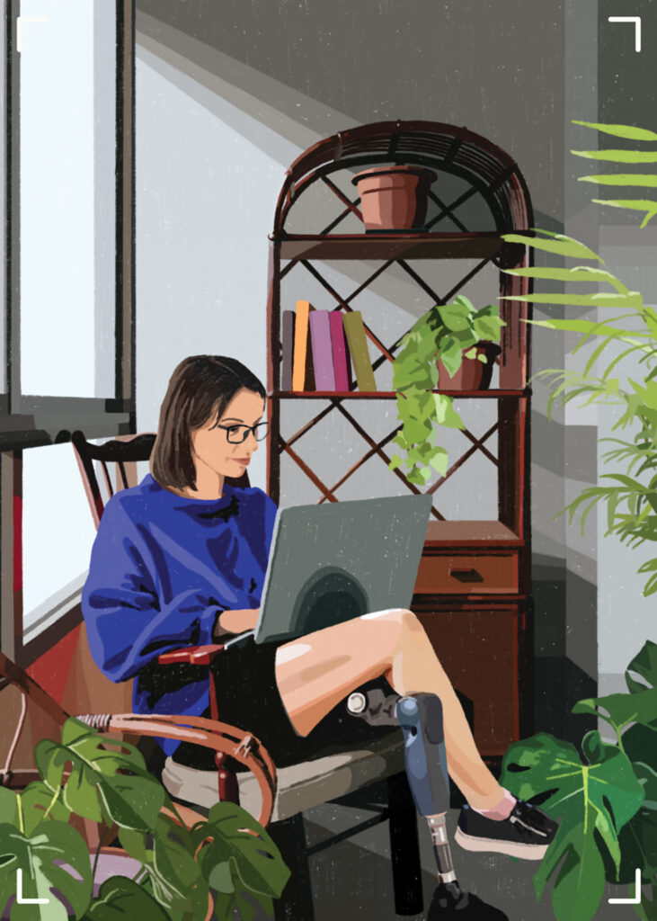 A digital illustration by CK Nosun features a young white woman with glasses doing work on her laptop at home in her apartment, where she is surrounded by books and plants. She has a prosthetic leg. 