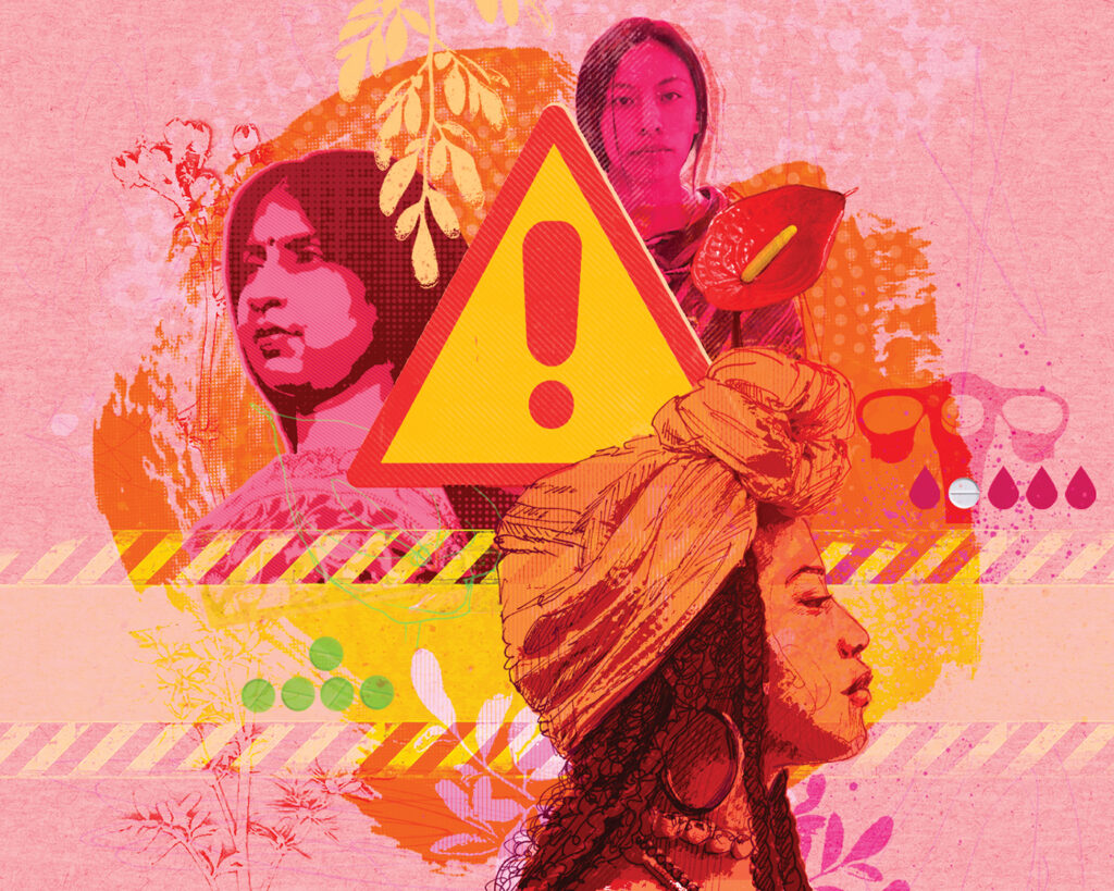 A collage/illustration by Marian F. Moratinos in pink and orange. The heads of three women surround a triangular warning sign—yellow with an exclamation mark.