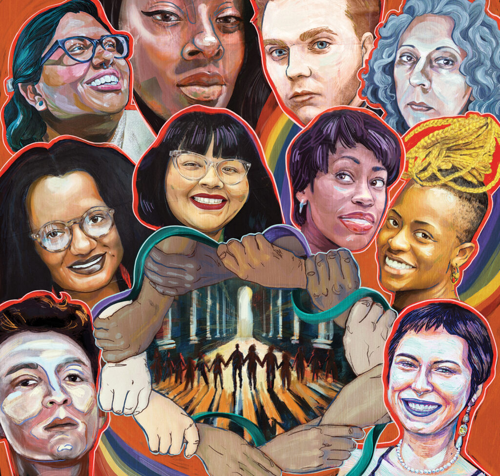 A colorful illustration by Madison Cowles featuring the portraits of 10 survivors of partner violence. Their faces are different genders, races, and ages, and most of them have powerful, happy countenances, showing they are more than just victims. Towards the bottom center, a ring of their multiracial hands form a circle, inside of which are various humans holding hands and walking toward a lighted gateway. 