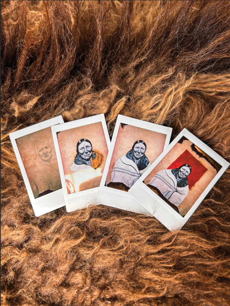 Four Polaroid photos are spread out on a wooly, textured brown hide. The four photos capture Miah Chalfant's hide painting at different stages. From left to right, the painting becomes more full with each picture. 