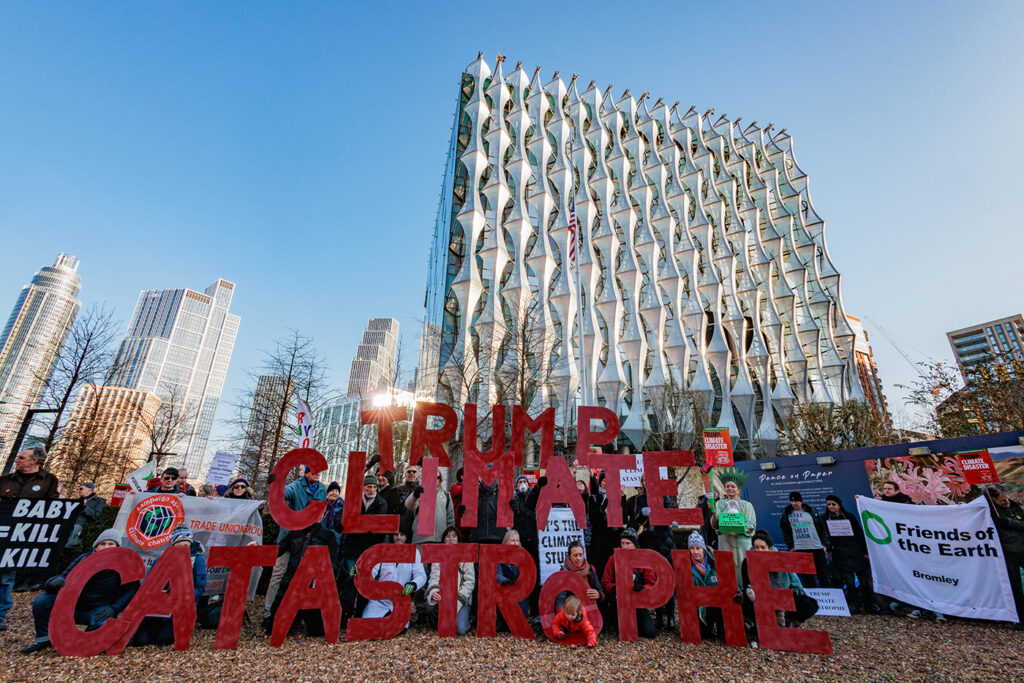 Climate activists stand outside the US embassy holding letters reading “Trump Climate Catastrophe” just over a week before the inauguration of US President-elect Donald Trump on 11th January 2025 in London, United Kingdom. Climate activists gathered outside the US embassy in solidarity with people on the frontline of the climate crisis and in protest against President-elect Trump’s policies based on climate denial.