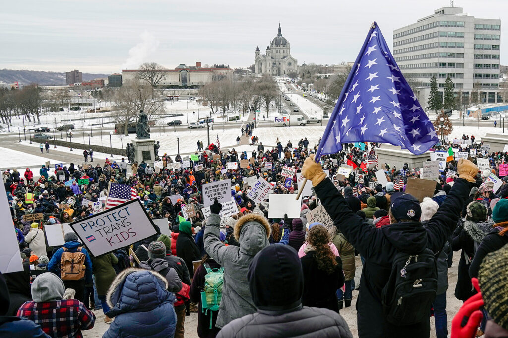 on Feb. 5, 2025, protesters gathered at the Minnesota State Capitol in St. Paul, Minnesota