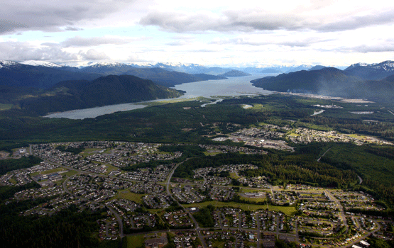 An aerial view of Kitimat and Douglas Channel