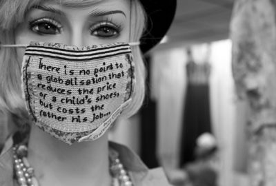 A handmade message of protest by Sarah Corbett.