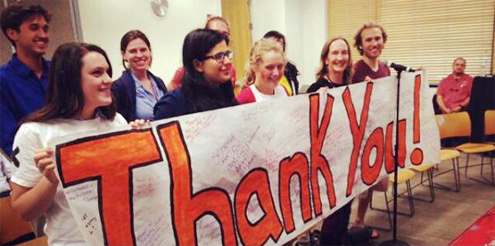 Stanford students celebrate on May 7 after the university announced its decision to divest from companies that engage in coal mining. Photo courtesy Fossil Free Stanford.